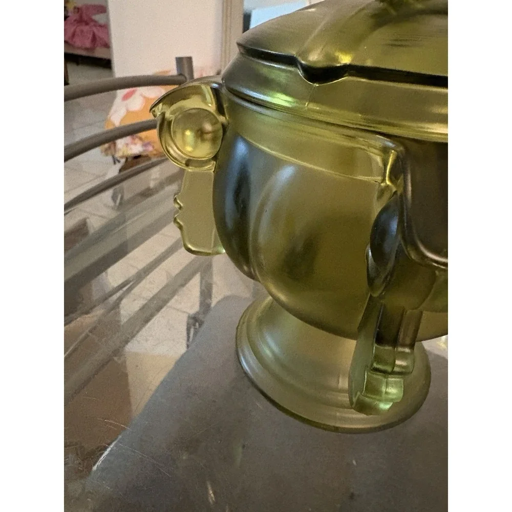 VTG Olive Green Satin Glass Covered Urn Biscuit Jar Pedestal 9.5